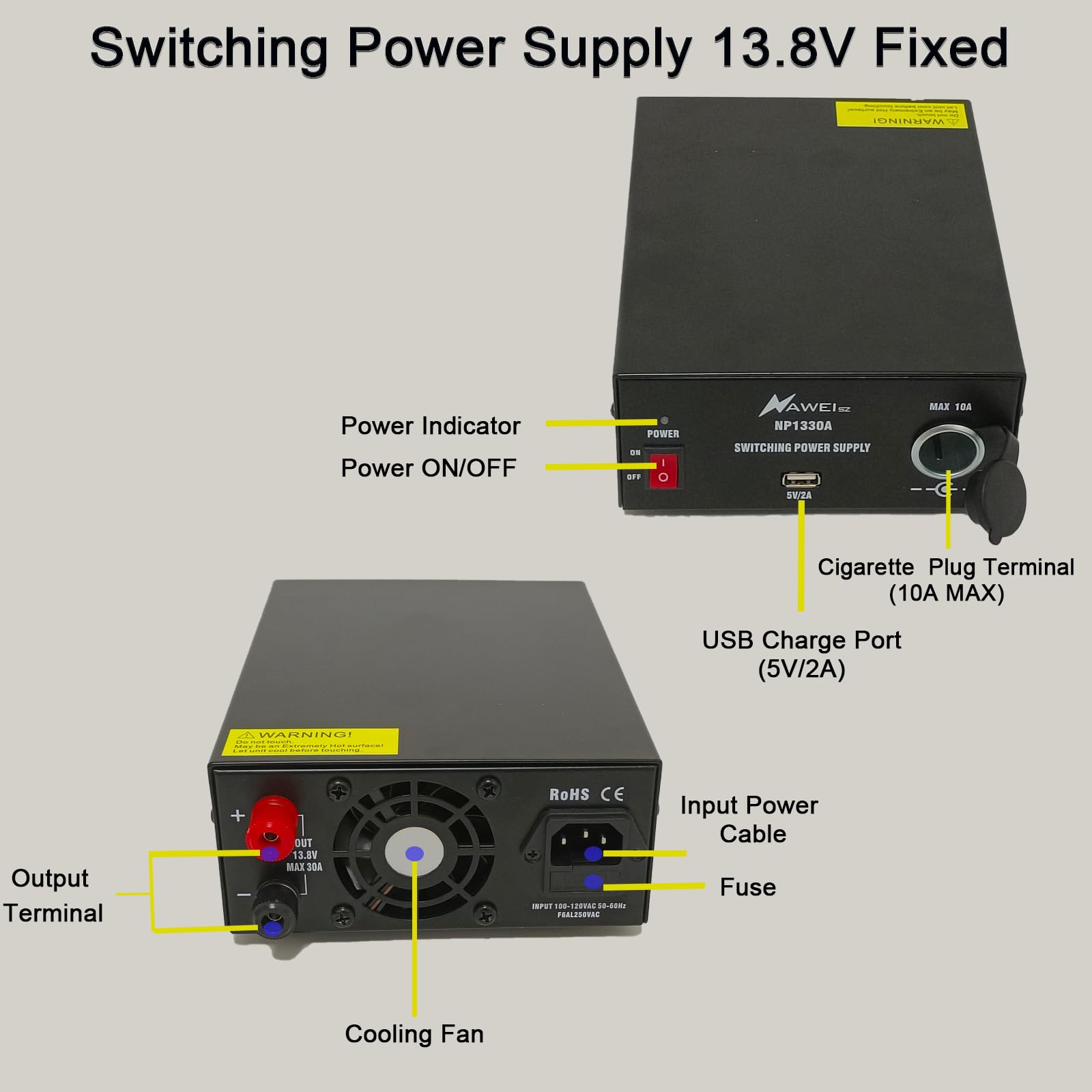 Switching Power Supply 13.8V 30 Amp Bench Power Supply, AC-to-DC Power Convertor with USB Port and Cigarette Plug Output for Powering Ham/CB Radios/Amateur Radio, Scanners