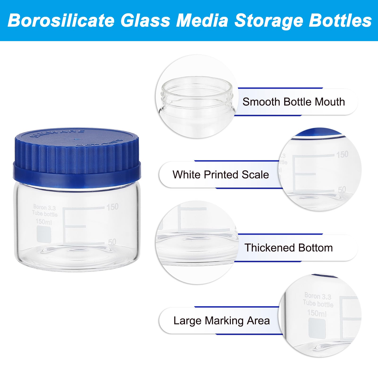 PATIKIL 4 Pack Reagent Media Storage Bottles, 150ml Borosilicate Glass Wide Mouth Graduated Round Bottles with GL32 Blue Screw Cap for Lab Water Reagent Liquids, Clear