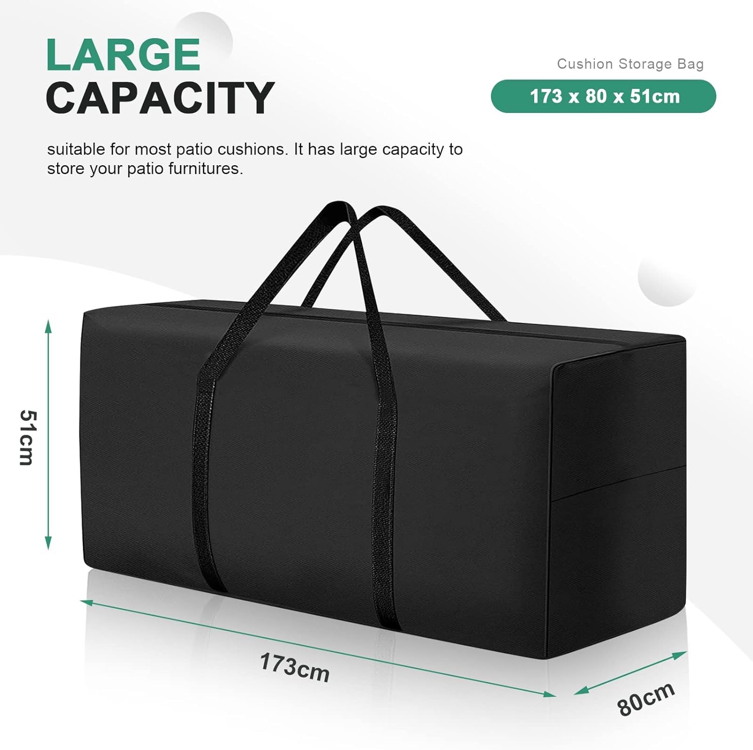 177 Gallon Outdoor Cushion Storage Bag 68 inch Extra Large Patio Furniture Cushion Storage Bag Waterproof Garden Cushion Storage Covers with Zipper and Handles Black (1 Pack, 68"L x 30"W x 20"H)