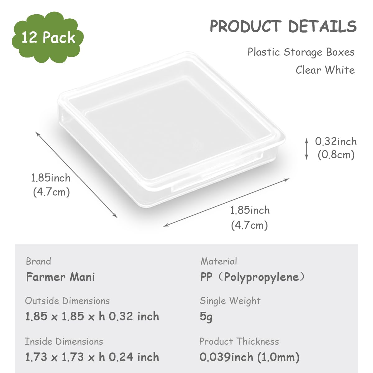 Farmer Mani 12 Pieces Square Empty Mini Clear Plastic Storage Containers with Lids for Tiny Items and Other Craft Projects.(1.85 x 1.85 x 0.32 inch)