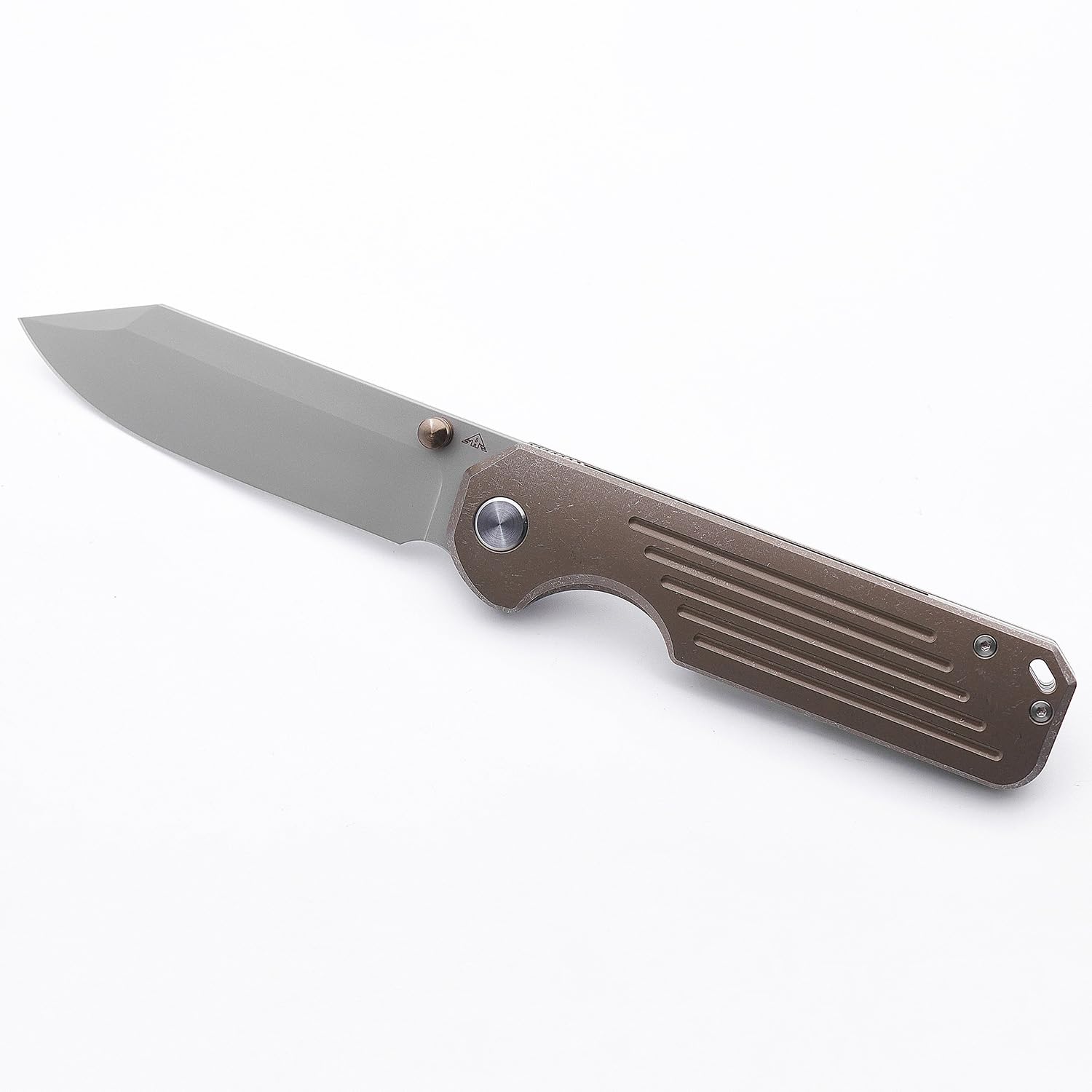 A AMEIGHT · KNIVES Gladiator II Front Flipper Folding Knife 3.5" S90V Blade Stonewashed Bronze Anodized Titanium Handle Pocket Knife AM8-002BNII