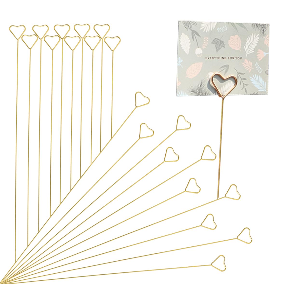 YUXIANG 20Pcs Floral Card Holder Picks, 12 Inch Gold Heart Flower Picture Holders, Metal Wire Flower Picks Clip for Wedding Party Birthday ​Cake