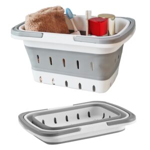 mindfarge portable folding plastic bath caddy with handle, perforated, travel bathroom organizer for bedroom, bathroom, shower, dorm room, camping and rv use (grey, 1 pack)