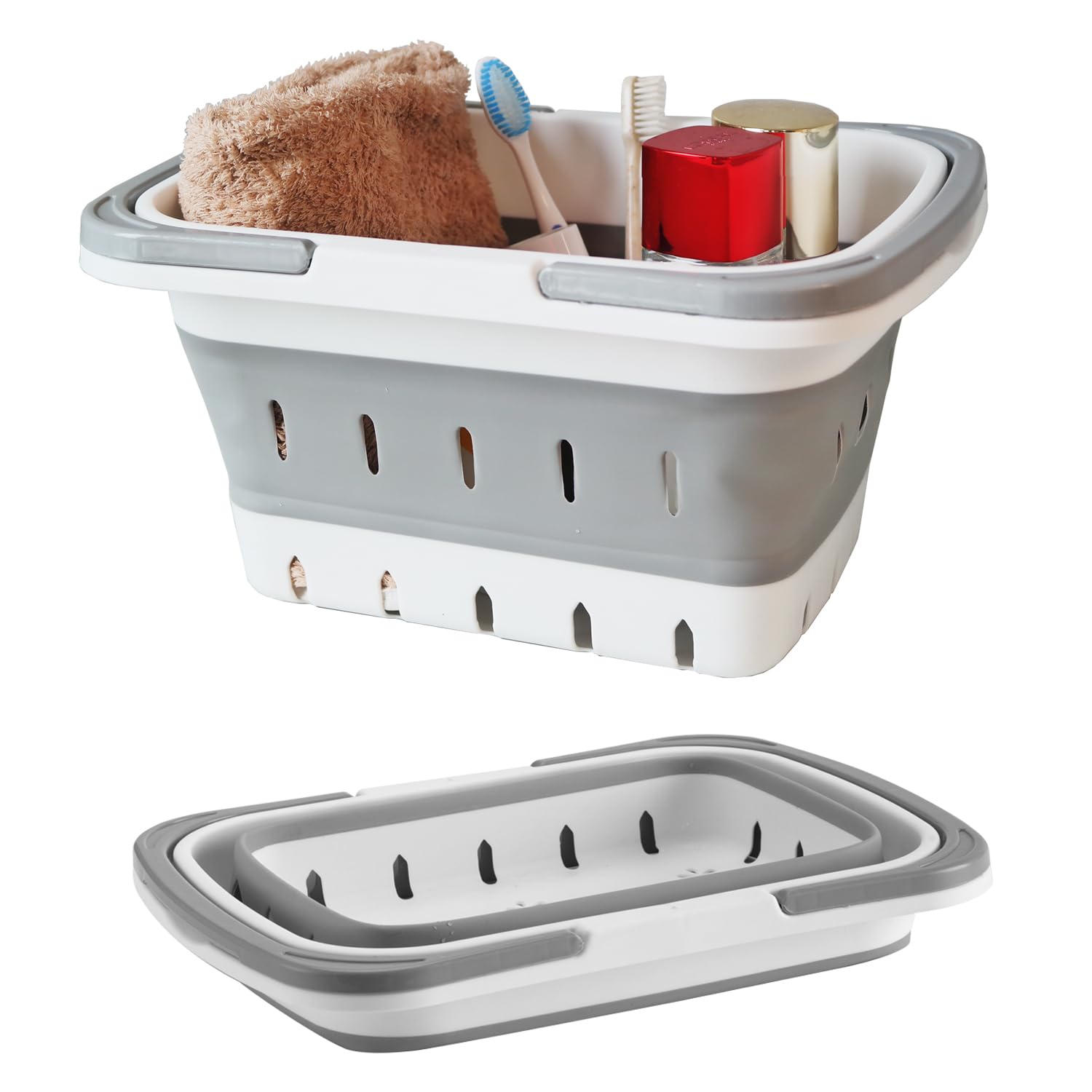 MINDFARGE Portable Folding Plastic Bath Caddy with Handle, Perforated, Travel Bathroom Organizer for Bedroom, Bathroom, Shower, Dorm Room, Camping and RV Use (Grey, 1 pack)