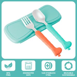 lohodo Toddler Utensils Kids Spoon and Fork Set 18/8 Stainless Steel Silverware BPA Free Green & Orange Cute Giraffe Child Flatware with Travel Case for Age 3+