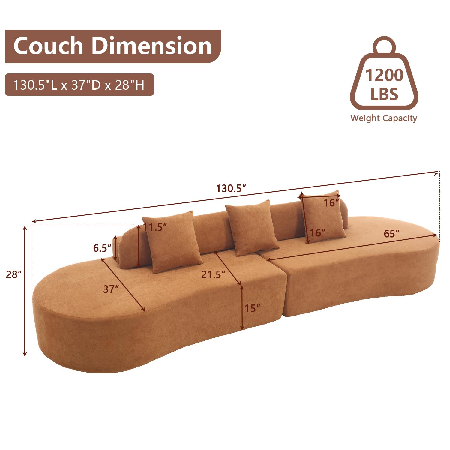 Suheww 130.5” Modern Curved Floor Combination Sofa, Curved Sectional Sofa Couch for Living Room, Deep Seat 4-Seater Oversized Terrycloth Fabric Sofa with 3 Pillows for Apartment Bedroom Office(Brown)