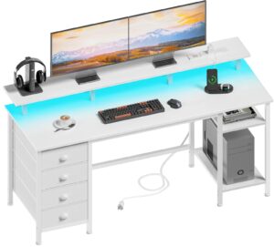 furologee 61 inch desk with 4 drawers, computer desk with power outlets and led lights, office desk with long monitor stand, large gaming desk with shelf for home office/bedroom/white