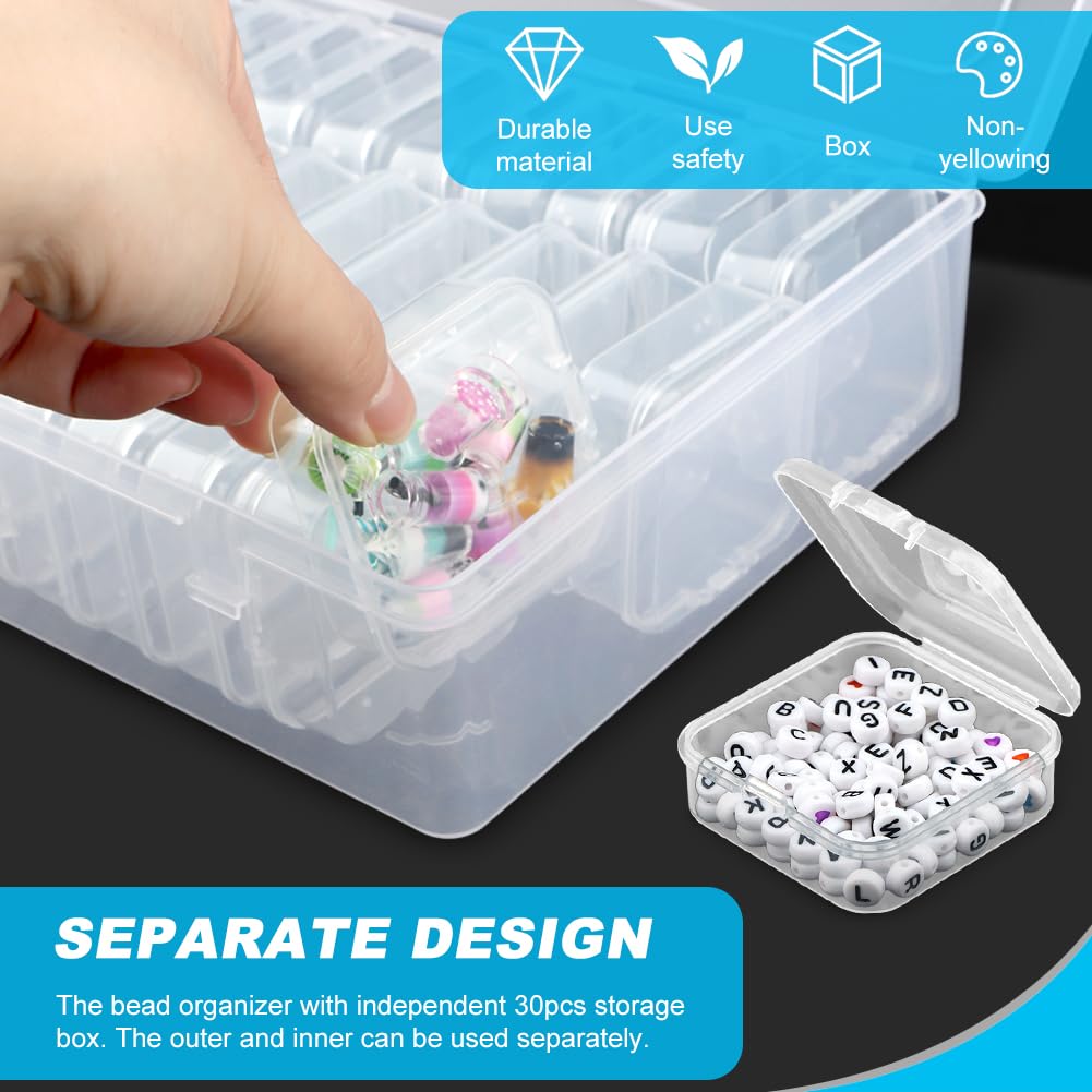 30 Grids Bead Organizer Box Bead Storage Clear Plastic Organizer Box with 1 Sheet Label Containers Storage Organizer for Beading Jewelry Making Diamond Arts Screws (White)