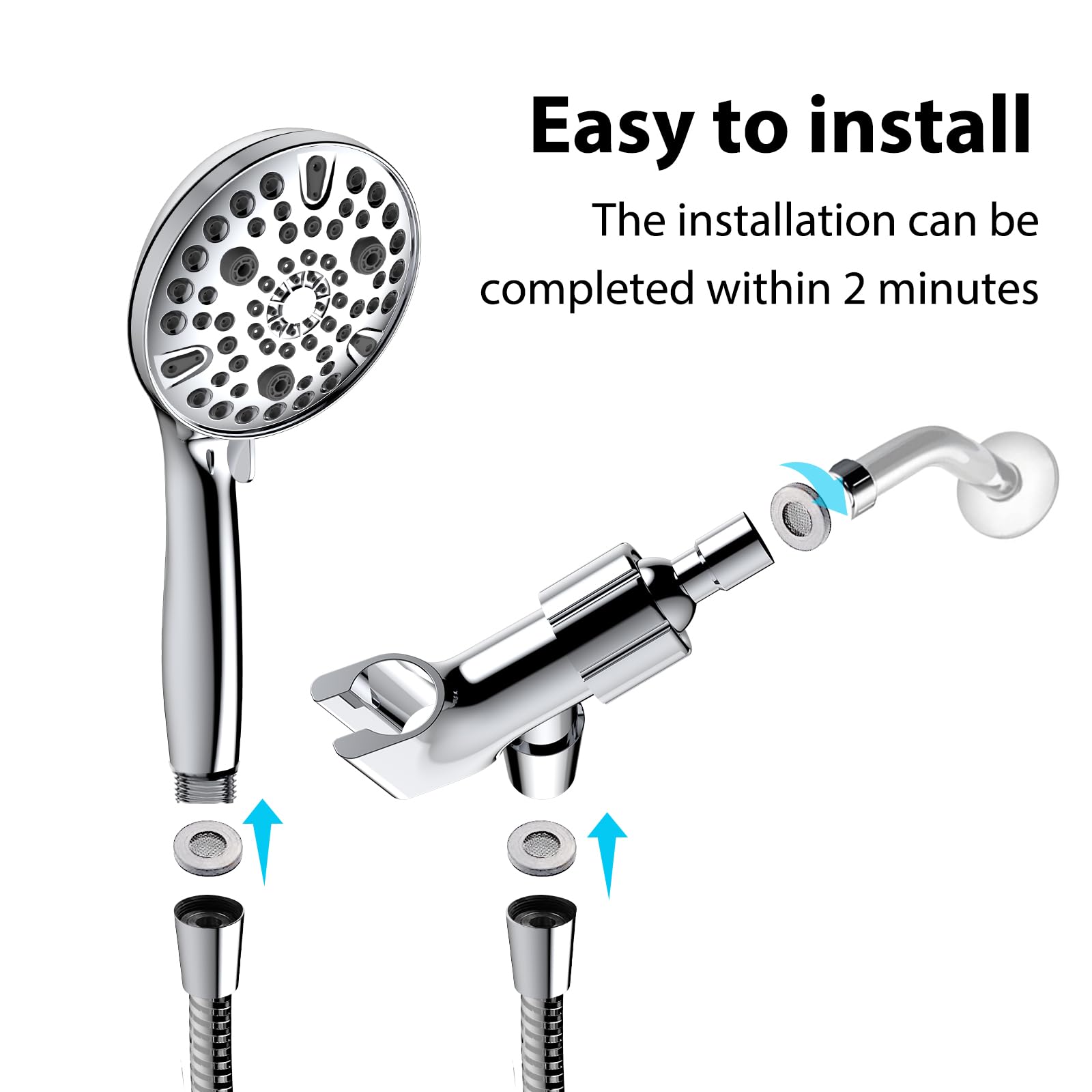 Shower Head with Handheld High Pressure - 59” Stainless Steel Hose Holder to Clean Tub Tile Pets - 10 Models Showerhead - All Chrome Finish