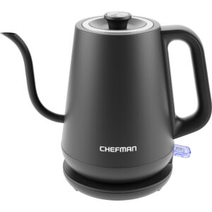 chefman gooseneck electric kettle, 0.8l pour over tea kettle for coffee and tea, one-touch operation, boil-dry protection, auto shut-off, ultra-fast hot water boiler – black