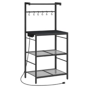 mahancris bakers rack with charging station, microwave stand with 6 s-shaped hooks, 4-tier storage rack, multifunctional coffee bar, for kitchen, dining room, charcoal gray and black brht35e01n1