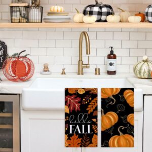 Fall Thanksgiving Pumpkin Kitchen Dish Towels Set of 2, Autumn Maple Leaves Absorbent Dish Cloths for Washing and Drying Dishes, Hand Towels for Bathroom, Tea Towels for Kitchen, 18x26