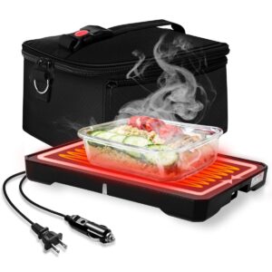 SOHIDA Portable Heated Lunch Box, 12V/24V/110V Conduction Heating Portable Food Warmer for Adults, Mini Portable Microwave 9.06"x6.61"x0.98" with Carry Bag, Easy to Use Car Food Warmer