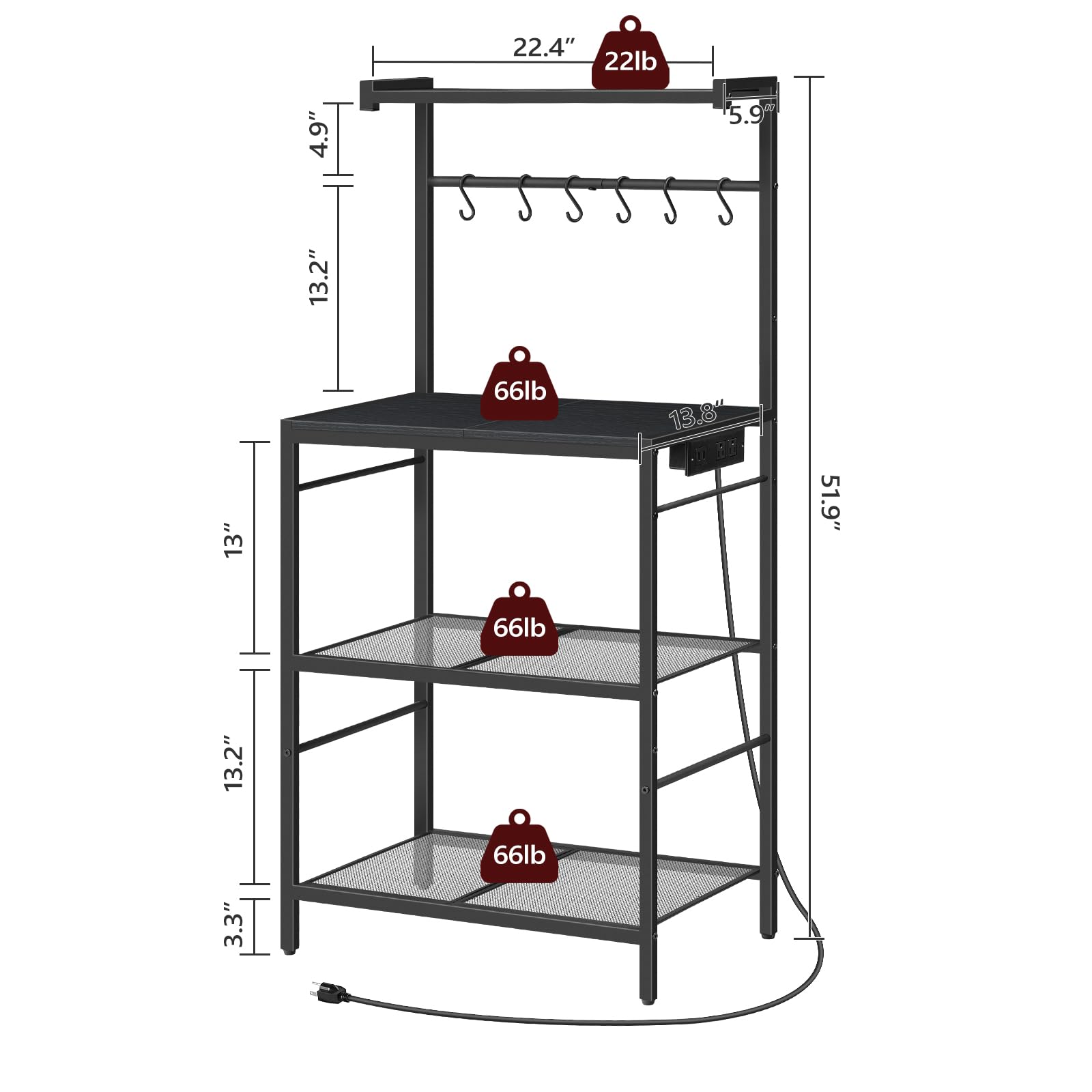 MAHANCRIS Bakers Rack with Charging Station, Microwave Stand with 6 S-Shaped Hooks, 4-Tier Storage Rack, Multifunctional Coffee Bar, for Kitchen, Dining Room, Charcoal Gray and Black BRHT35E01N1