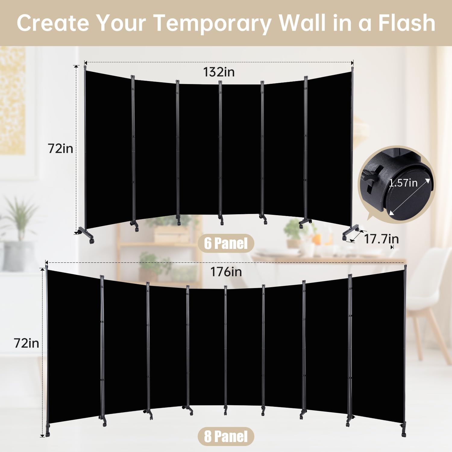 Room Divider 6 Panel Room Dividers/Wheels, Fabric Room Divider Panel for Office Room Partitions and Dividers, Portable Partition Wall Divider for Room Separation, Flexible Privacy Screen Indoor