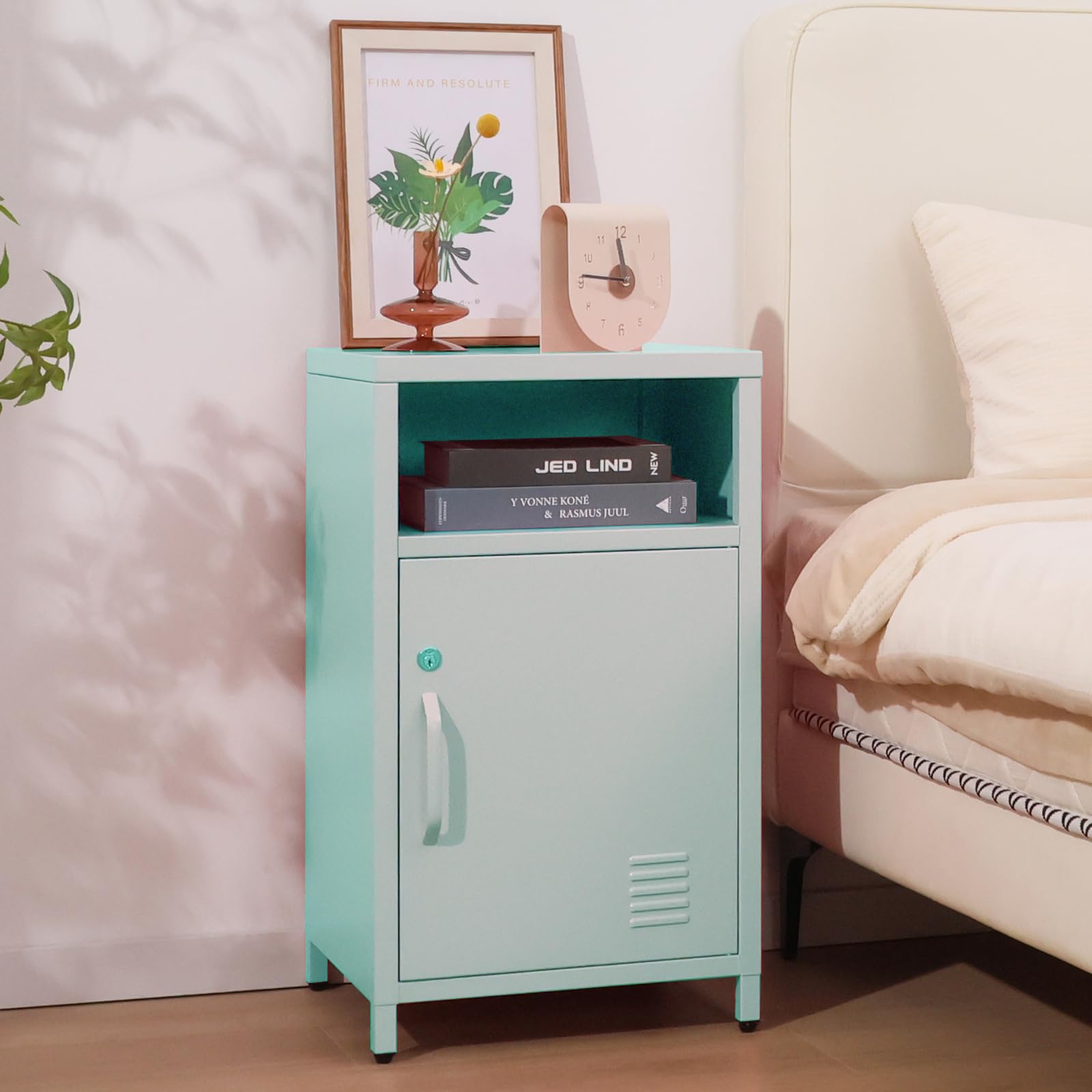 ALBAD Compact Metal Nightstand with Lockable Cabinet and Open Shelf, Modern Bedside Table, Versatile Side Table for Bedroom, Living Room, or Office