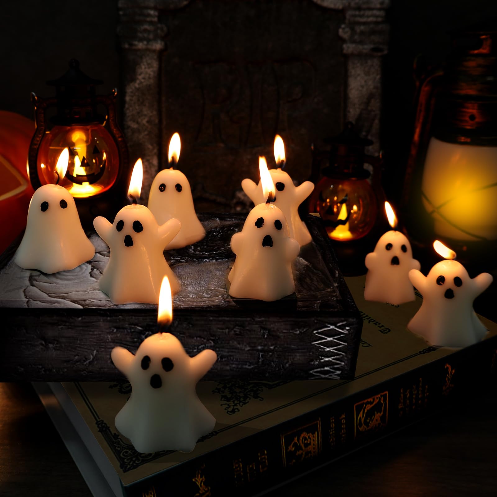 12 PCS Halloween Ghost Candles Spooky Candles White Floating Candles Halloween Decorative Tabletop Candle White Dripless Wax Burning Candles for Halloween Party