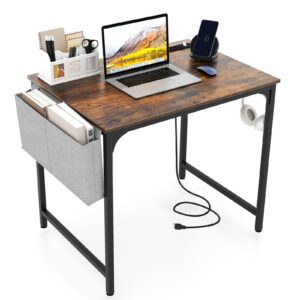 giantex 32 inch computer desk with charging station, home office writing desk with storage bag & headphone hook, compact gaming table pc workstation, modern simple laptop desk for bedroom, study