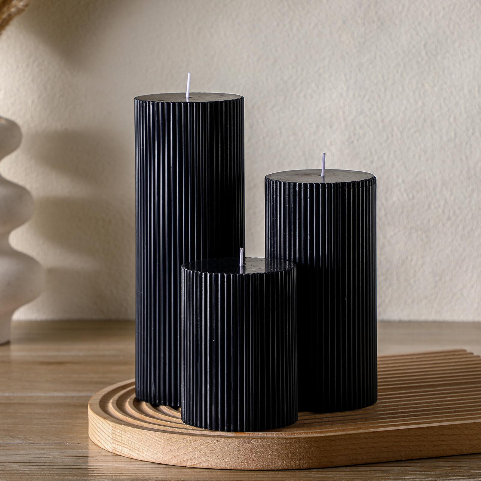 Conelist Ribbed Pillar Candles Set of 3, Width 3" High 4" 6" 8" Large Soy Wax Scented Pillar Candles Aesthetic Candles Ribbed Candles Modern Home Decor for Bathroom Living Room (Black)