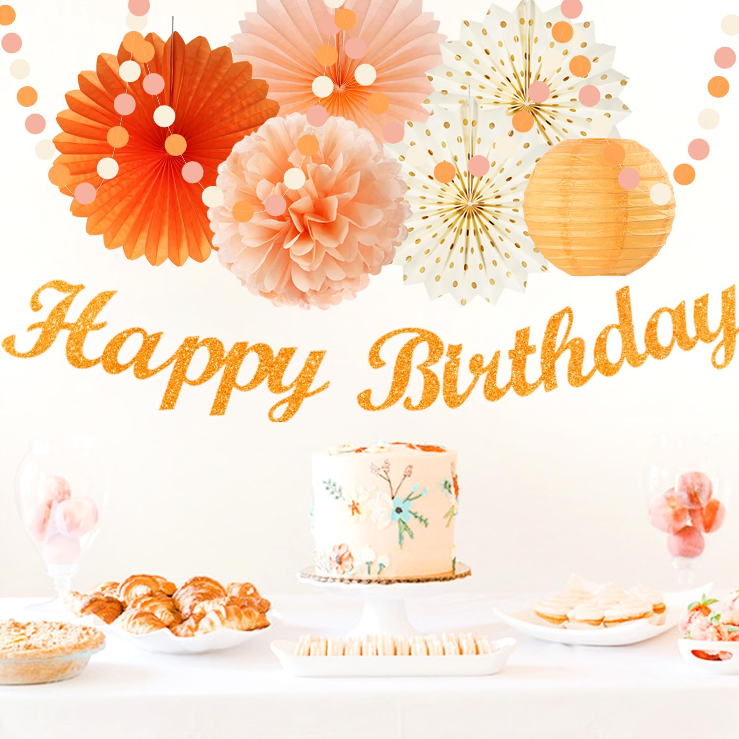 Orange-Beige Fal Boho Birthday Party-Decorations - 21pcs Autumn One Two Sweet Peach Happy Banner,Girls Groovy Paper Streamers Lanterns Honeycomb,Tissue Pom Poms Fan,Hippie Garland Decor Huglony