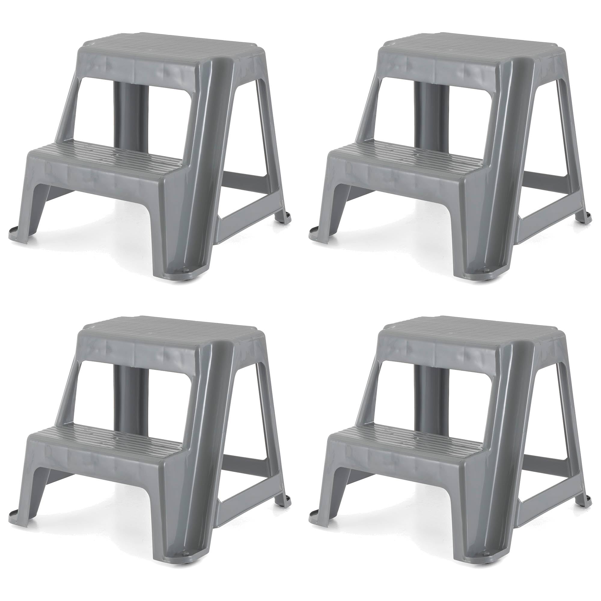 Gracious Living 16-Inch Tall Plastic 2 Step Stool, Portable Dual Step Ladder Foot Stool for Kitchen, Bathroom, Bedroom, and Garage, Gray (4 Pack)