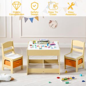 DOREROOM Kids Table and 2 Chair Set, Wooden Activity Table with Storage Drawer, 2 in 1 Detachable Tabletop, Toddler Table and Chairs Set for Drawing, Reading, Crafts, Play