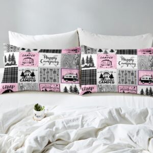 Erosebridal Girls Pink Camper Bedding Set Twin Happy Camping Comforter Cover,Rv Decor for Inside,Camper Accessories for Travel Trailers Duvet Cover,Black Grey Buffalo Plaid Pine Tree Quilt Cover