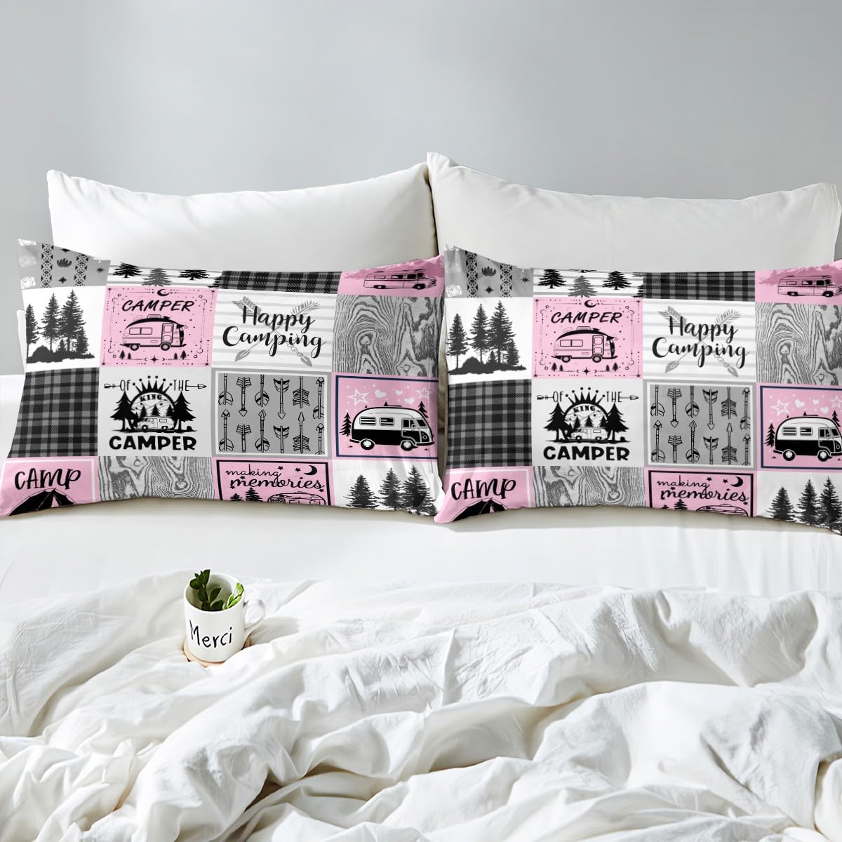 Erosebridal Girls Pink Camper Bedding Set Twin Happy Camping Comforter Cover,Rv Decor for Inside,Camper Accessories for Travel Trailers Duvet Cover,Black Grey Buffalo Plaid Pine Tree Quilt Cover