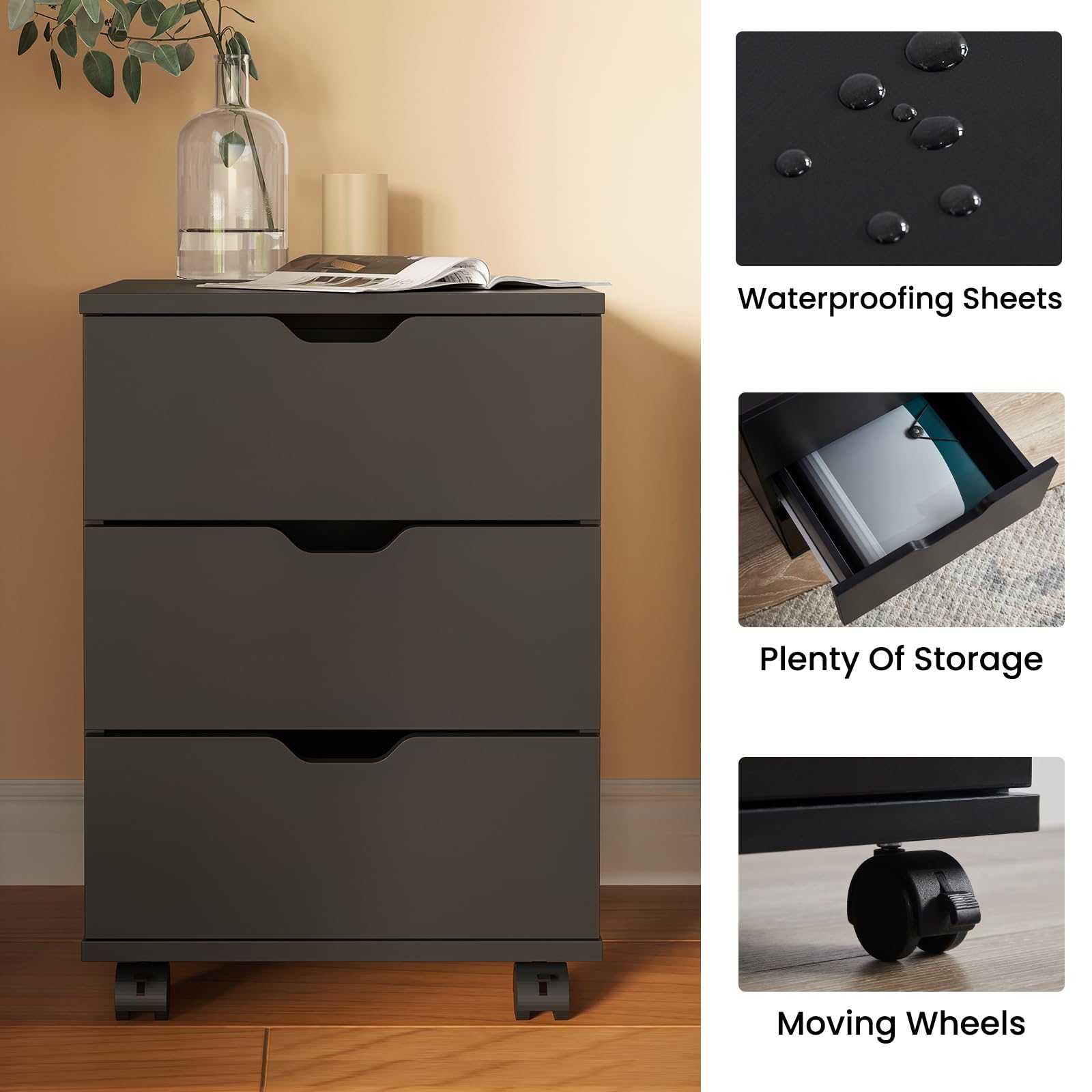 Farini Wood File Cabinet for Home Office,Under Desk 3 Drawer Mobile File Cabinet(Black,Non-Assembled)