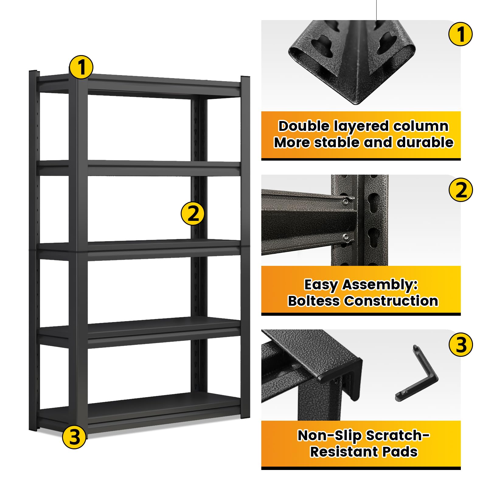 Storage Shelves Heavy Duty Adjustable 5 Tier Garage Shelving 3000 lbs Metal Shelf Industrial Utility Rack for Warehouse, Pantry, Basement, Workshop Storage & Organization (19.7" D*47.2" W*72" H)