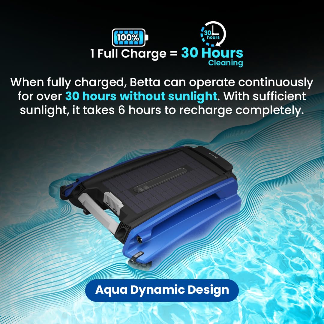 Betta SE Solar-Powered Robotic Automatic Pool Skimmer Cleaner with 30+ Hour Cleaning Battery, Pool Skimmer Anti-Stuck Foam Noodle, and Re-Engineered Twin SCT Motors (Blue)