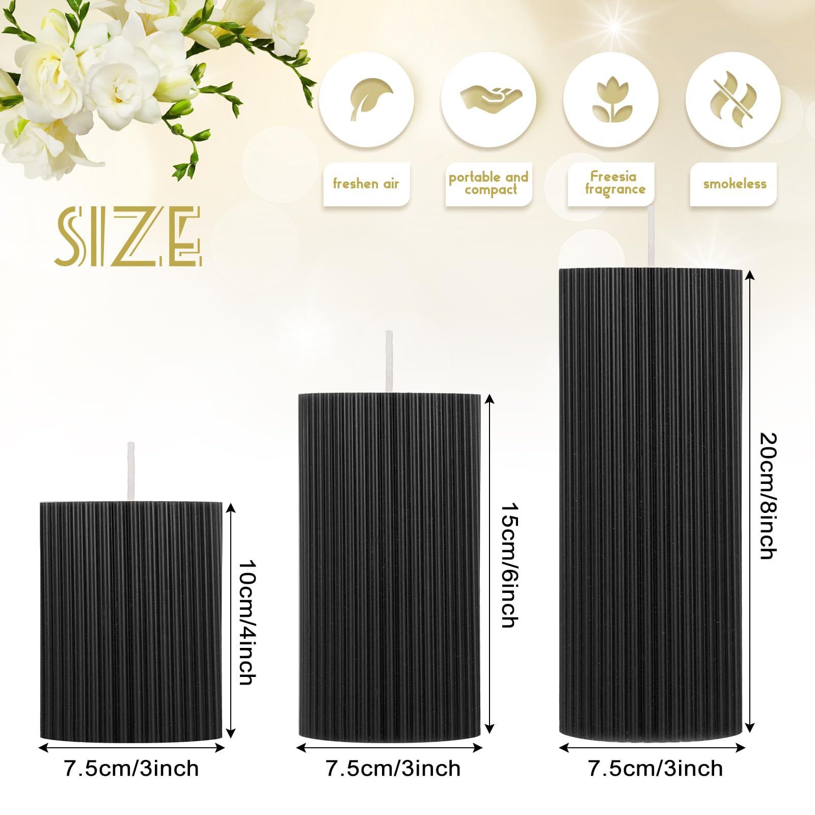 Conelist Ribbed Pillar Candles Set of 3, Width 3" High 4" 6" 8" Large Soy Wax Scented Pillar Candles Aesthetic Candles Ribbed Candles Modern Home Decor for Bathroom Living Room (Black)