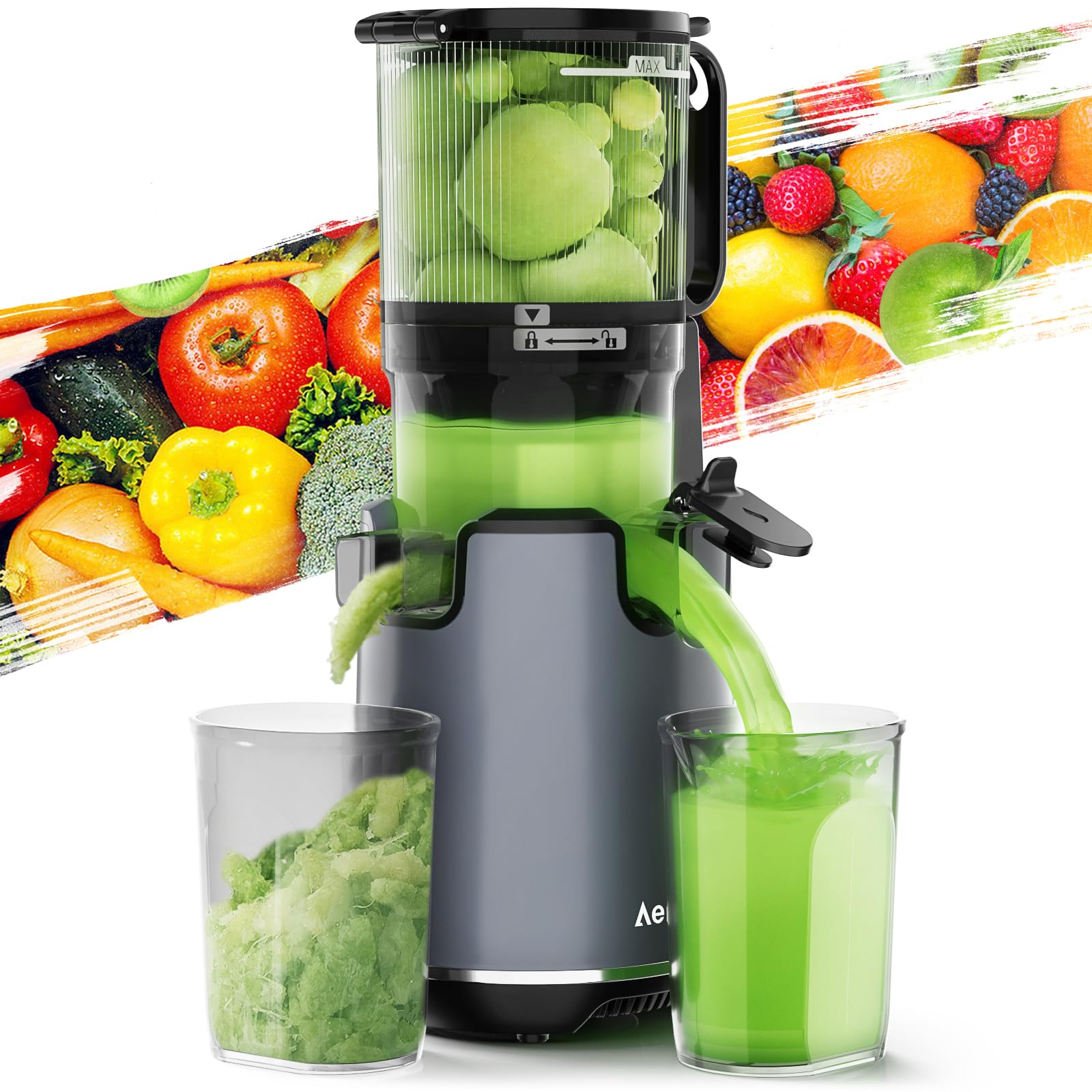 Aeitto Juicer Machines,Slow Juicer, 5.3" Large Feed Chute, 250W Whole Fruit juicer, 1.7L Large Capacity Juice Extractor for Vegetable and Fruit, High Juice Yield, Easy to Clean, Grey