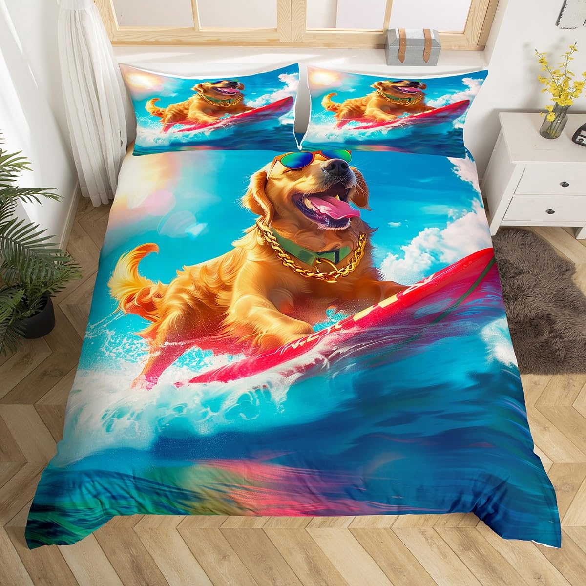 Feelyou Kids Ocean Duvet Cover Full Size, Cute Dog Animal Bedding Set Boys Girls Sea Beach Coastal Comforter Cover Cartoon Surfboard Teens Bedspread Cover Bedroom Decor 3Pcs Zipper(No Comforter)