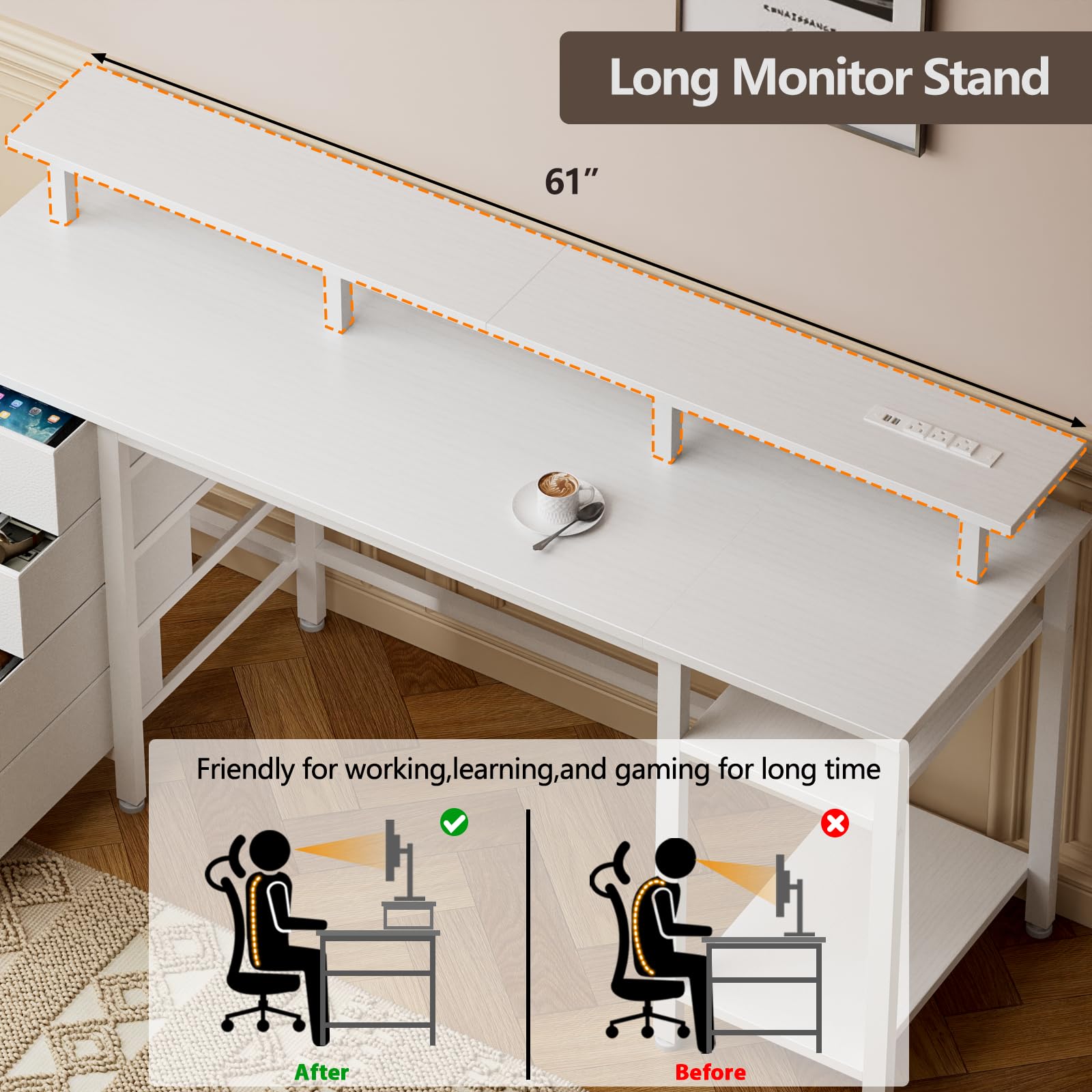 Furologee 61 Inch Desk with 4 Drawers, Computer Desk with Power Outlets and LED Lights, Office Desk with Long Monitor Stand, Large Gaming Desk with Shelf for Home Office/Bedroom/White