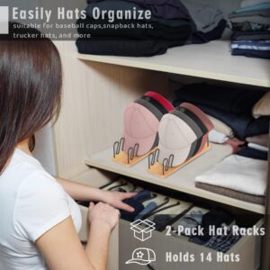 UdoUto 2 PCS Hat Organizer for Baseball Caps, Wood and Metal Hat Rack for 14 Caps, Baseball Hat Storage Organizer Hat Stand Holder, Hat Rack Shelf Display for Closet Bedroom Dresser