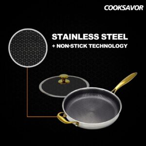 Cooksavor Hybrid Non Stick 12 inch Frying Pan with Lid, Stay-Cool Handle, PFOA-Free Cookware, Woks & Stir-fry Pans Nonstick, Dishwasher and Oven Safe