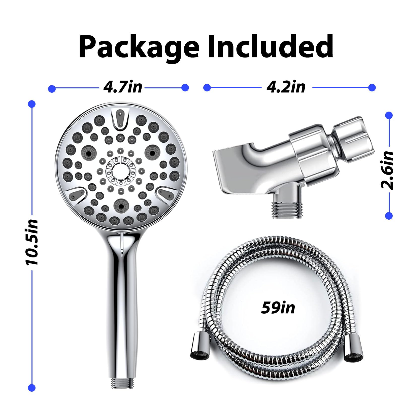 Shower Head with Handheld High Pressure - 59” Stainless Steel Hose Holder to Clean Tub Tile Pets - 10 Models Showerhead - All Chrome Finish