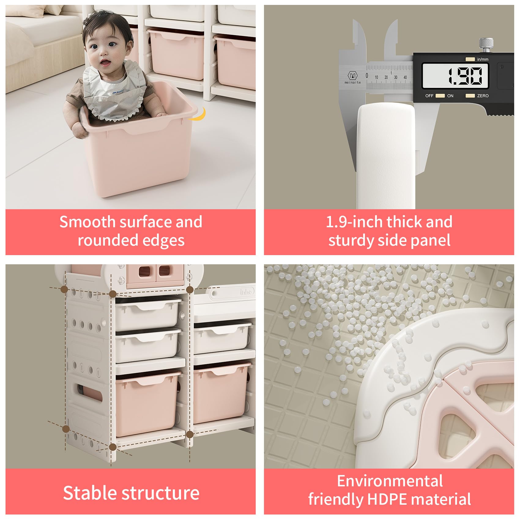 UNICOO Kids Cream House Storage Organizer with 3-Tier Shelves, Storage Rack & Bins for Nursery, Playroom, Study Room (Cream & Pink)