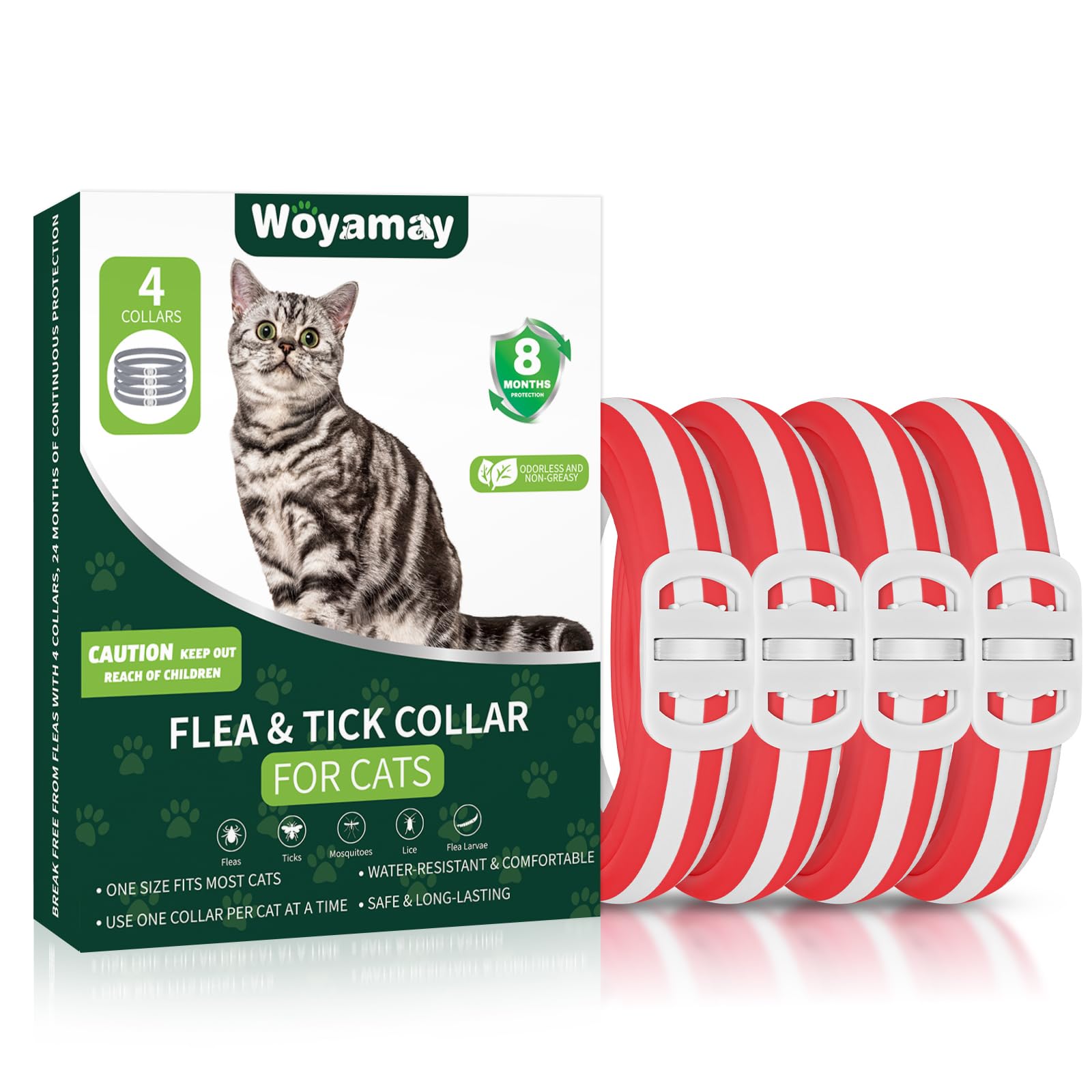 Woyamay 4 Pack Flea Collar for Cats, 32 Months Flea and Tick Prevention for Cats Collar, Flea and Tick Collars for Cats, Waterproof Cat Flea Collar, Adjustable Cat Flea and Tick Collar, Red & White