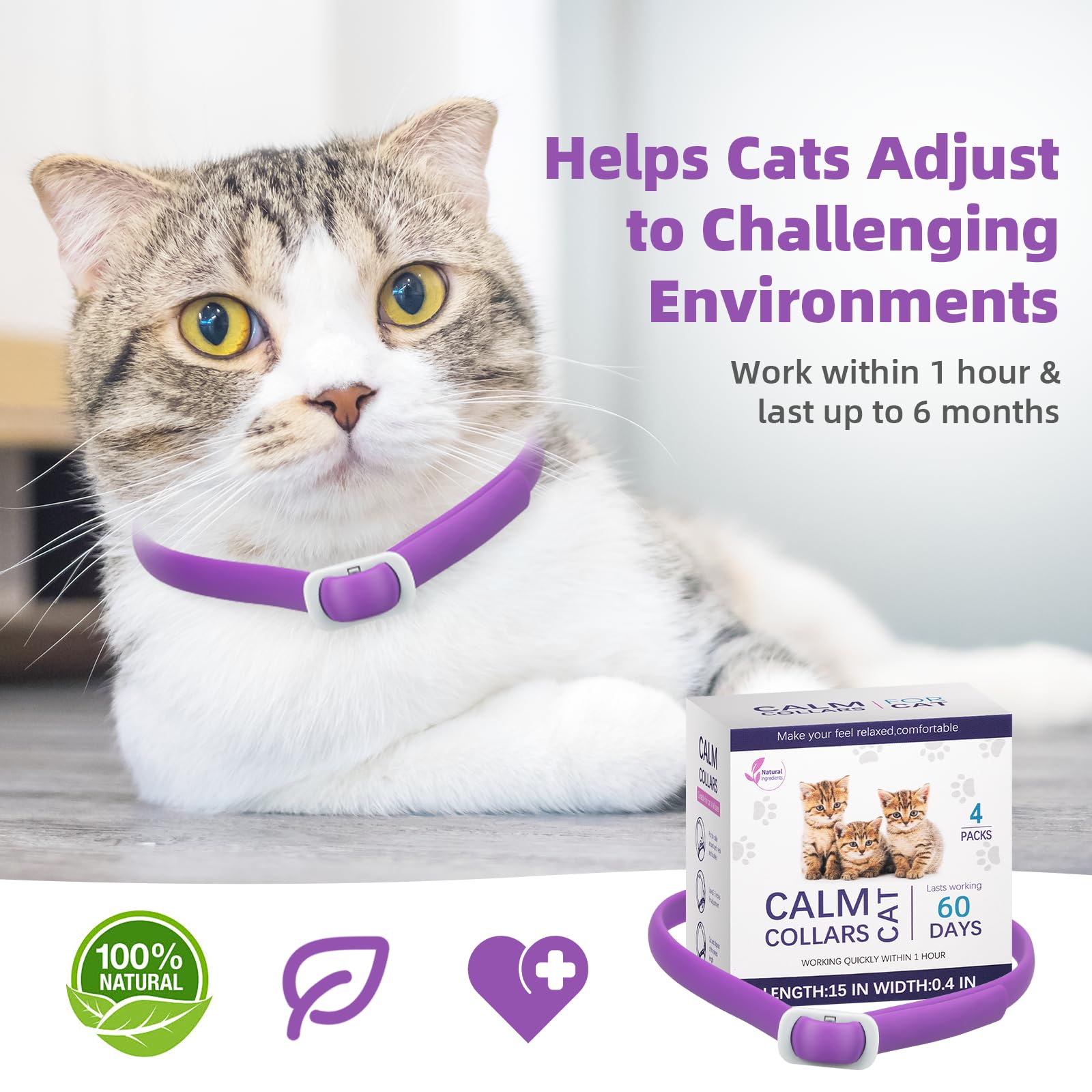 Cat Calming Collar for Cats, Pheromone Collar for Cats, Adjustable Efficient Relieve Reduce Anxiety Cat Collars for Pets with 60 Days Long Calming Effect for Small, Medium and Large Cats, 4Pcs