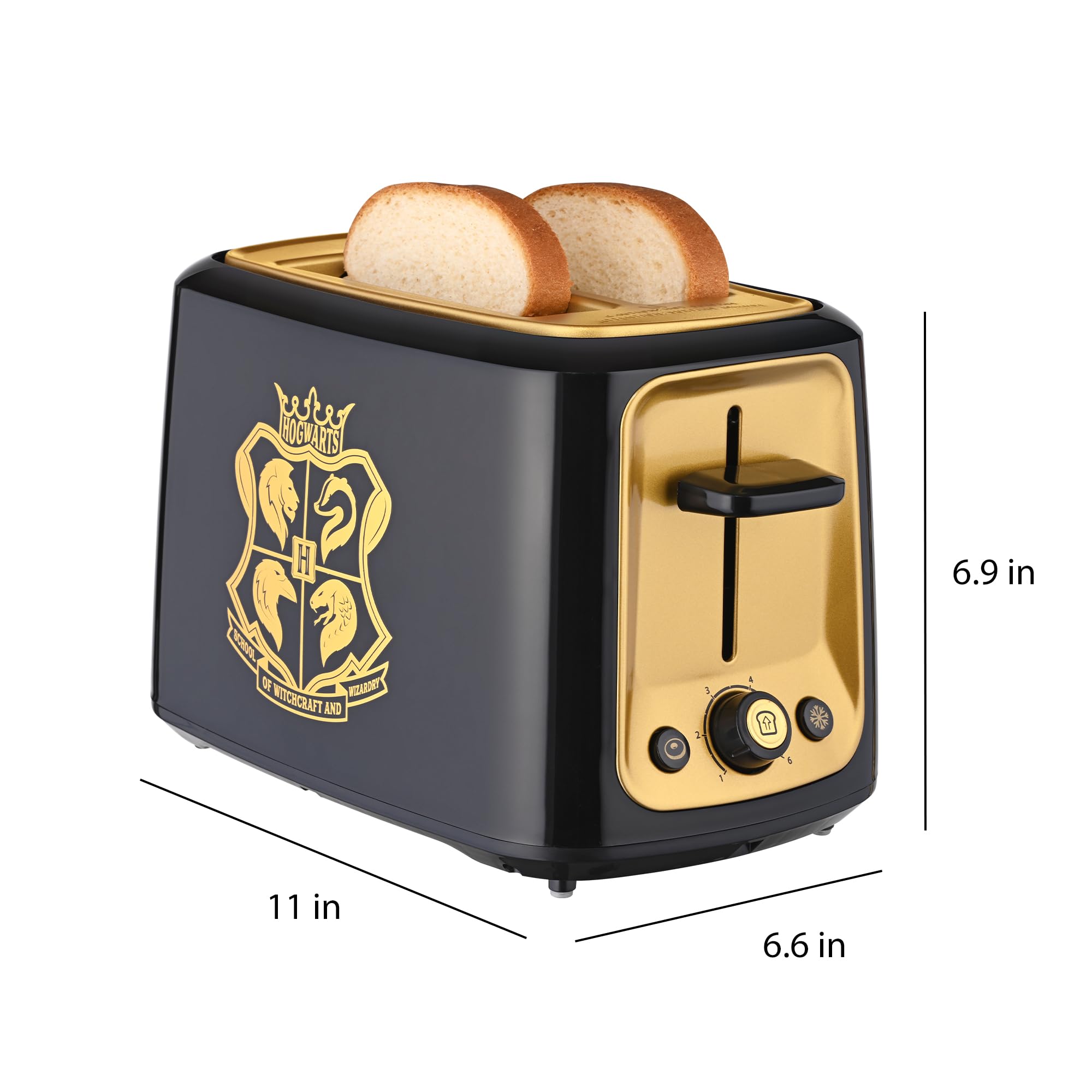 Warner Brothers Harry Potter 2-Slice Toaster by Select Brands, Imprints Hogwarts Crest and Harry Potter Glasses on Toasted Bread, Black and Gold, WBH-26TS