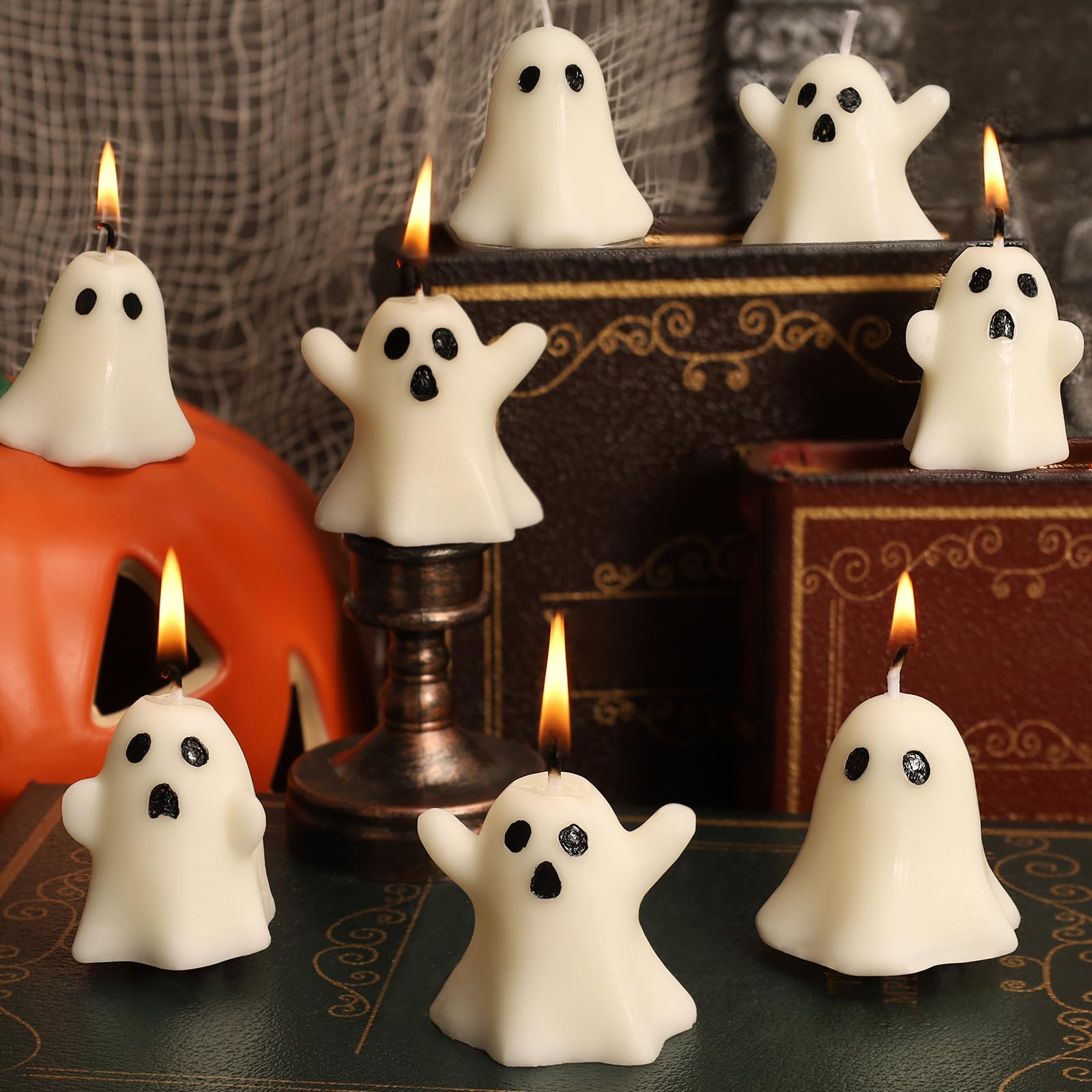 12 PCS Halloween Ghost Candles Spooky Candles White Floating Candles Halloween Decorative Tabletop Candle White Dripless Wax Burning Candles for Halloween Party