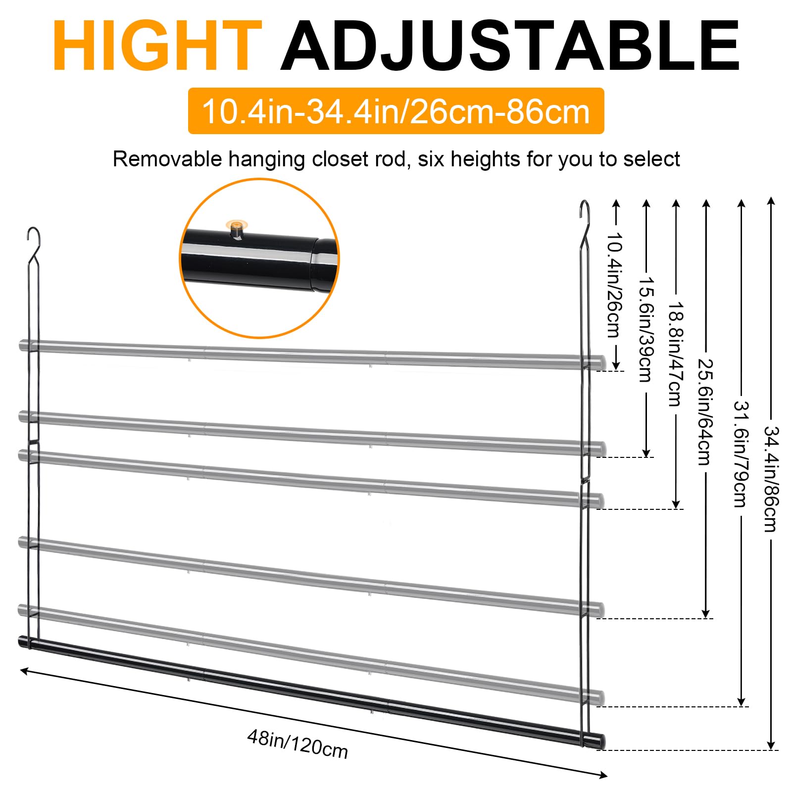 Closet Hanging Rod, 48in Wide Extension Closet Hanging Organizer，6 Height Adjustable Hanging Closet Rods, Space Saving Heavy Duty Closet Rod for Hanging clothes and Towel, Black