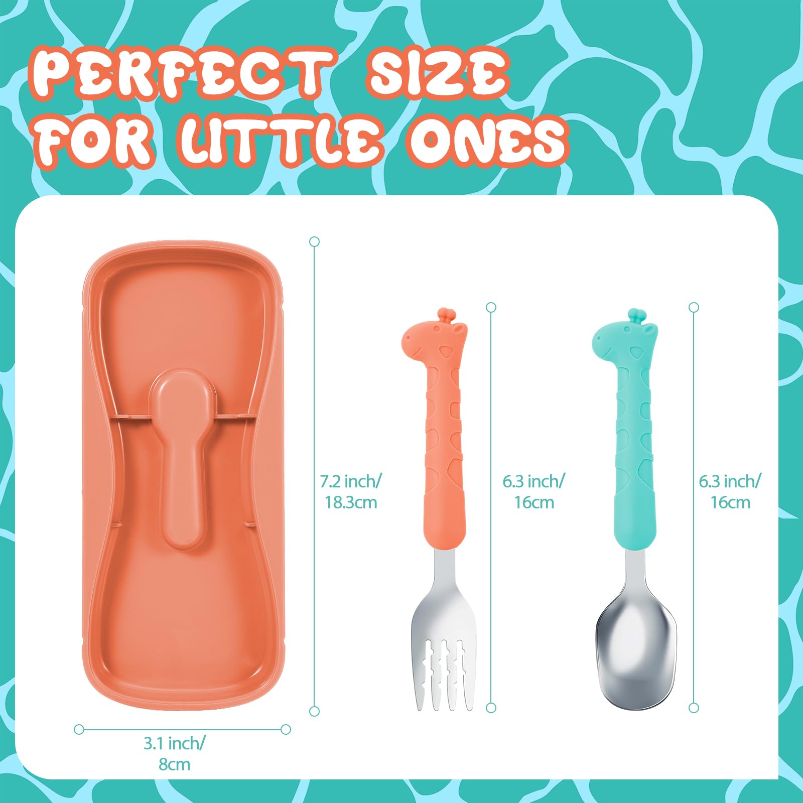 lohodo Toddler Utensils Kids Spoon and Fork Set 18/8 Stainless Steel Silverware BPA Free Green & Orange Cute Giraffe Child Flatware with Travel Case for Age 3+