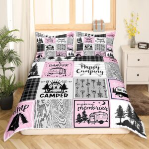 Erosebridal Girls Pink Camper Bedding Set Twin Happy Camping Comforter Cover,Rv Decor for Inside,Camper Accessories for Travel Trailers Duvet Cover,Black Grey Buffalo Plaid Pine Tree Quilt Cover