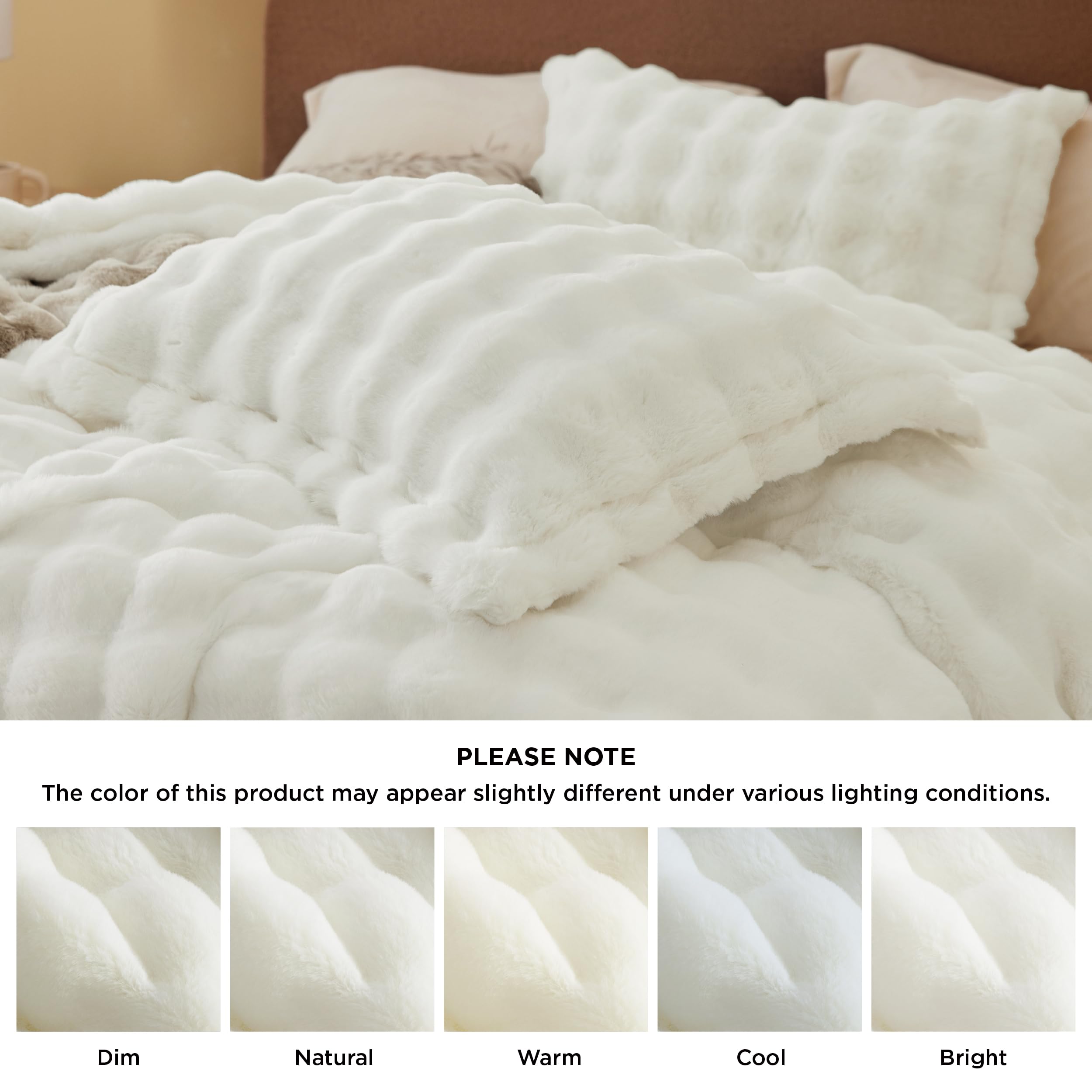 Bedsure Luxurious Faux Fur Duvet Cover King Size Set - Ultra Soft & Fluffy & Cozy & Warm - Elegant Shaggy Bubble Design Bedding with Duvet Cover and Pillow Shams, Coconut White