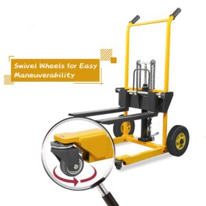 LuminaLiftCure Foldable Hydraulic Material Lift Winch Stacker with Swivel Wheels, 450lbs Pallet Forklift with 35" Lift Height, Pallet Truck Dolly, Pallet Jack Table Cart, Steel Platform Board x 1