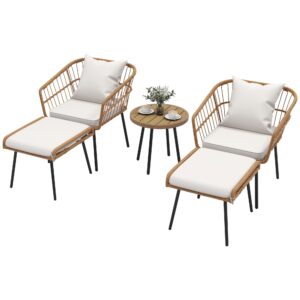 DWVO Patio Furniture Set, 5 Pieces Wicker Outdoor Patio Bistro Set with Ottomans Footrest and Side Table for Porch Balcony Yard Garden Backyard Poolside, Beige