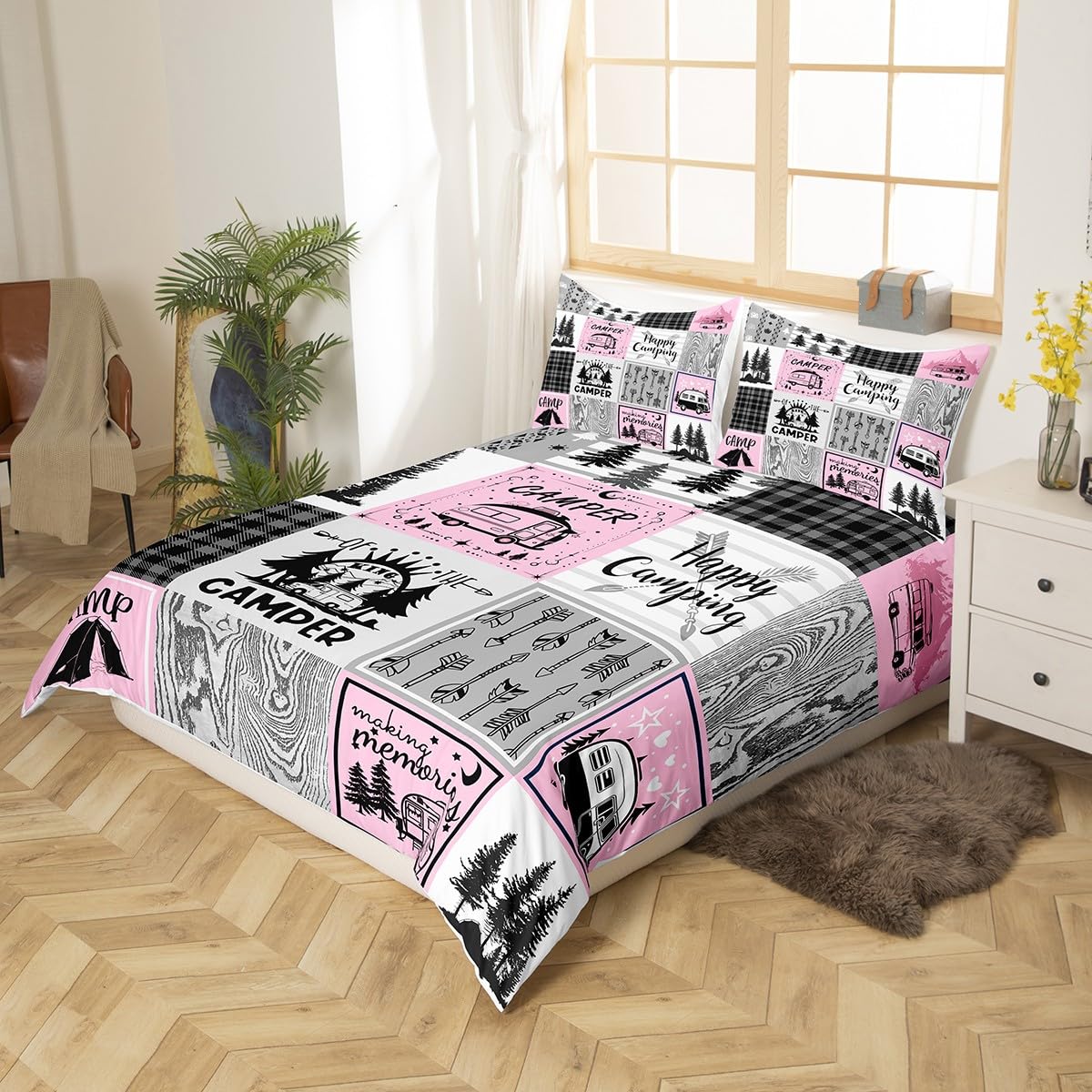 Erosebridal Girls Pink Camper Bedding Set Twin Happy Camping Comforter Cover,Rv Decor for Inside,Camper Accessories for Travel Trailers Duvet Cover,Black Grey Buffalo Plaid Pine Tree Quilt Cover